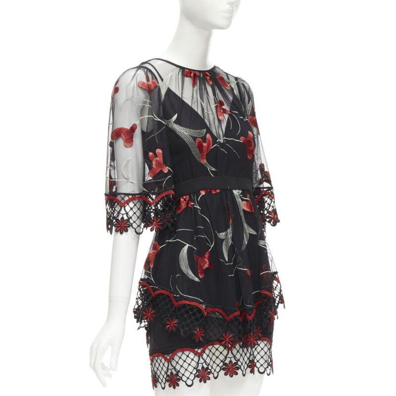 Alice McCall ALICE MCCALL Wish you Were Here black red guipere lace floral tulle dress US2 XS Size S / US 4 / IT 40 - 3 Thumbnail