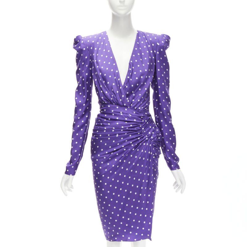 Alexandre Vauthier ALEXANDRE VAUTHIER Runway purple polka dot puff shoulder wrapped dress FR34 XS Size XS / US 0-2 / IT 36-38 - 3 Thumbnail