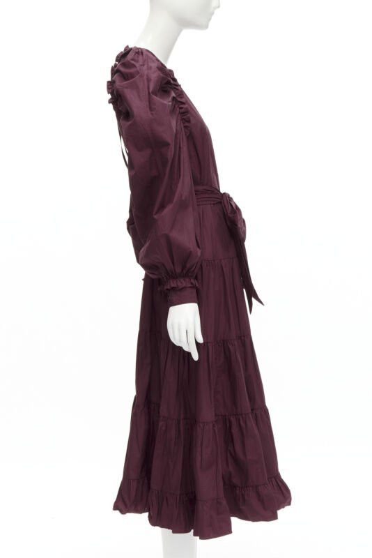 Ulla Johnson ULLA JOHNSON burgundy cotton bow belt balloon sleeves flared midi dress US2 XS Size S / US 4 / IT 40 - 4 Thumbnail