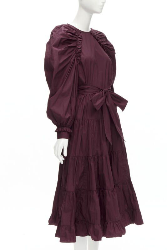 Ulla Johnson ULLA JOHNSON burgundy cotton bow belt balloon sleeves flared midi dress US2 XS Size S / US 4 / IT 40 - 3 Thumbnail