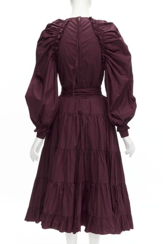 Ulla Johnson ULLA JOHNSON burgundy cotton bow belt balloon sleeves flared midi dress US2 XS Size S / US 4 / IT 40 - 5 Thumbnail