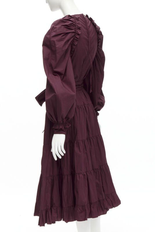 Ulla Johnson ULLA JOHNSON burgundy cotton bow belt balloon sleeves flared midi dress US2 XS Size S / US 4 / IT 40 - 6 Thumbnail