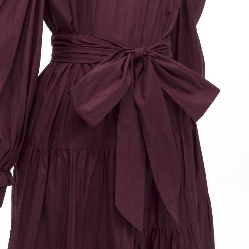 Ulla Johnson ULLA JOHNSON burgundy cotton bow belt balloon sleeves flared midi dress US2 XS Size S / US 4 / IT 40 - 7 Thumbnail