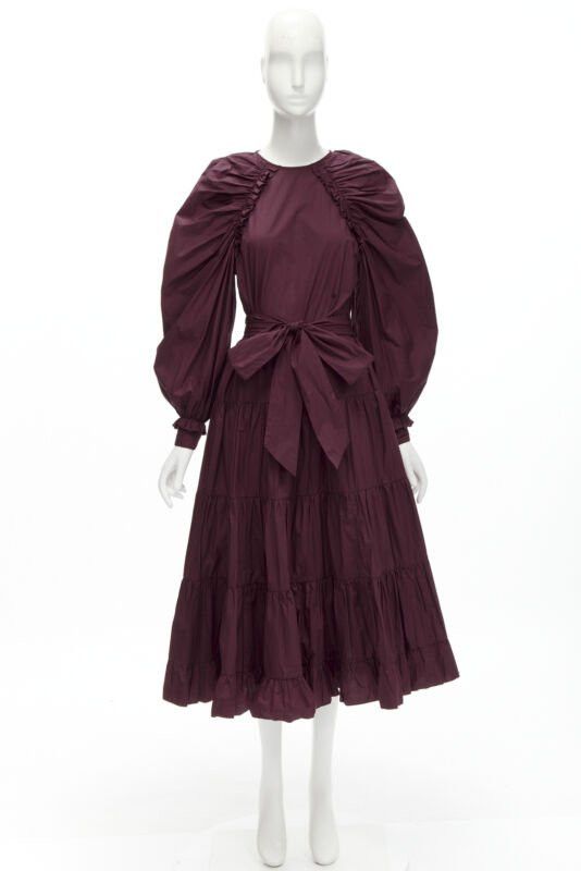 Ulla Johnson ULLA JOHNSON burgundy cotton bow belt balloon sleeves flared midi dress US2 XS Size S / US 4 / IT 40 - 9 Thumbnail