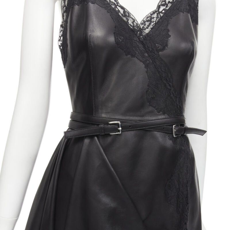Alexander McQueen ALEXANDER MCQUEEN 2022 black leather lace asymmetric wrap draped dress IT38 XS Size XS / US 0-2 / IT 36-38 - 7 Thumbnail