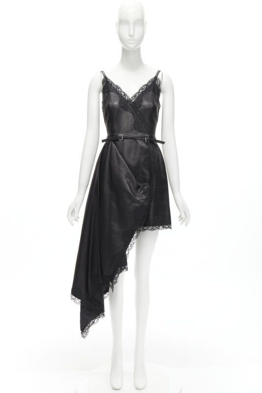 Alexander McQueen ALEXANDER MCQUEEN 2022 black leather lace asymmetric wrap draped dress IT38 XS Size XS / US 0-2 / IT 36-38 - 11 Thumbnail