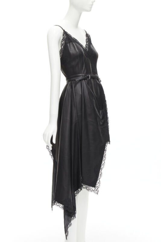 Alexander McQueen ALEXANDER MCQUEEN 2022 black leather lace asymmetric wrap draped dress IT38 XS Size XS / US 0-2 / IT 36-38 - 3 Thumbnail