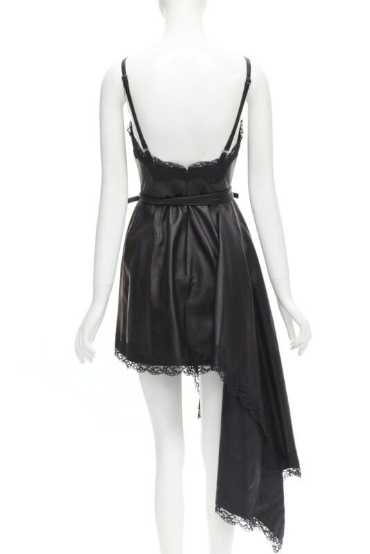Alexander McQueen ALEXANDER MCQUEEN 2022 black leather lace asymmetric wrap draped dress IT38 XS Size XS / US 0-2 / IT 36-38 - 5 Thumbnail