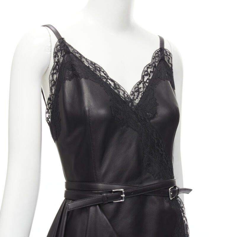 Alexander McQueen ALEXANDER MCQUEEN 2022 black leather lace asymmetric wrap draped dress IT38 XS Size XS / US 0-2 / IT 36-38 - 2 Thumbnail