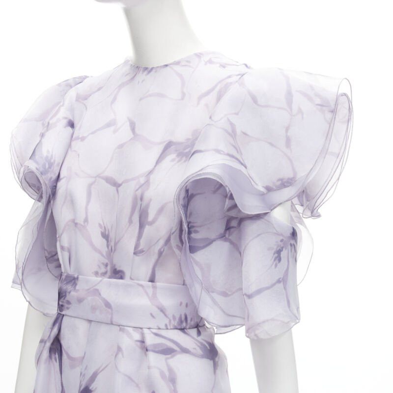 Other COSTERELLOS purple floral ruffled butterfly sleeves belted jumpsuit FR34 XS Size 26" / US 2 / IT 38 - 2 Thumbnail