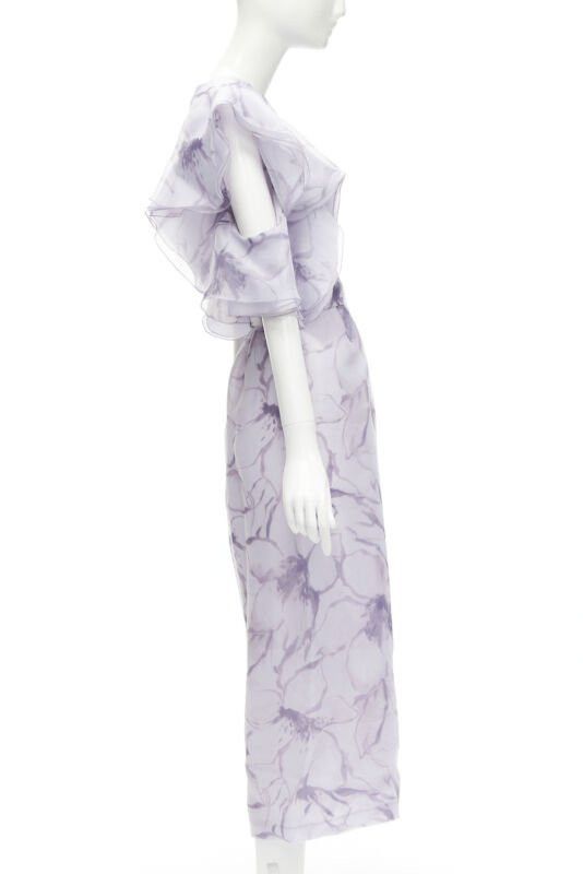 Other COSTERELLOS purple floral ruffled butterfly sleeves belted jumpsuit FR34 XS Size 26" / US 2 / IT 38 - 4 Thumbnail