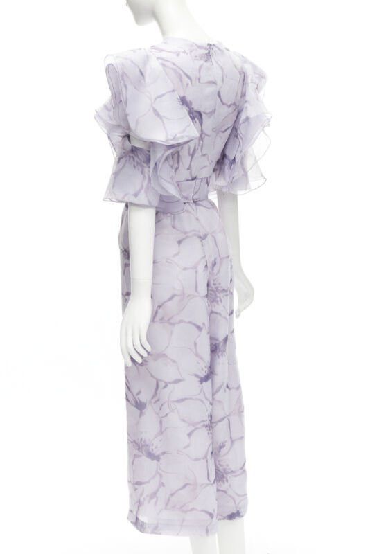 Other COSTERELLOS purple floral ruffled butterfly sleeves belted jumpsuit FR34 XS Size 26" / US 2 / IT 38 - 6 Thumbnail
