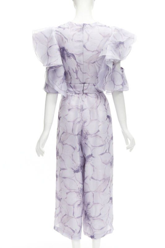 Other COSTERELLOS purple floral ruffled butterfly sleeves belted jumpsuit FR34 XS Size 26" / US 2 / IT 38 - 5 Thumbnail