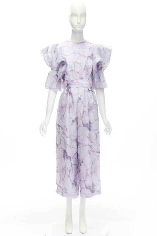 Other COSTERELLOS purple floral ruffled butterfly sleeves belted jumpsuit FR34 XS Size 26" / US 2 / IT 38 - 10 Thumbnail