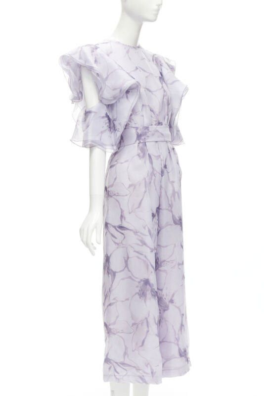 Other COSTERELLOS purple floral ruffled butterfly sleeves belted jumpsuit FR34 XS Size 26" / US 2 / IT 38 - 3 Thumbnail