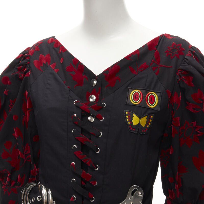 Chopova Lowena CHOPOVA LOWENA red velvet floral butterfly hook black corset Victorian dress S Size XS / US 0-2 / IT 36-38 - 7 Thumbnail