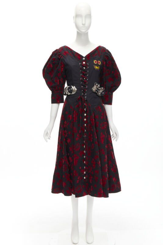 Chopova Lowena CHOPOVA LOWENA red velvet floral butterfly hook black corset Victorian dress S Size XS / US 0-2 / IT 36-38 - 11 Thumbnail
