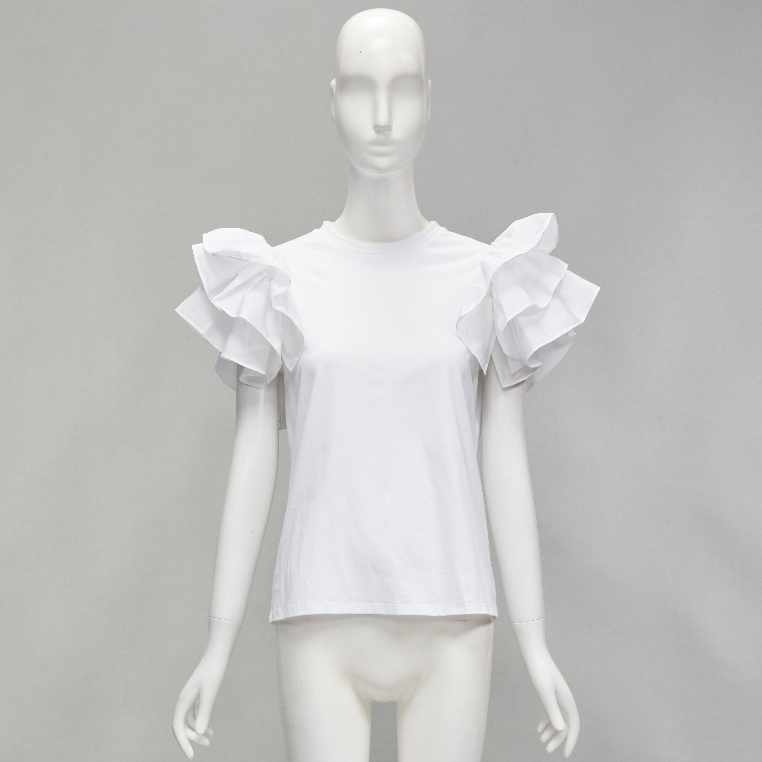 Alexander McQueen ALEXANDER MCQUEEN white cotton ruffle sleeve crew neck tshirt IT38 XS Size XS / US 0-2 / IT 36-38 - 9 Thumbnail