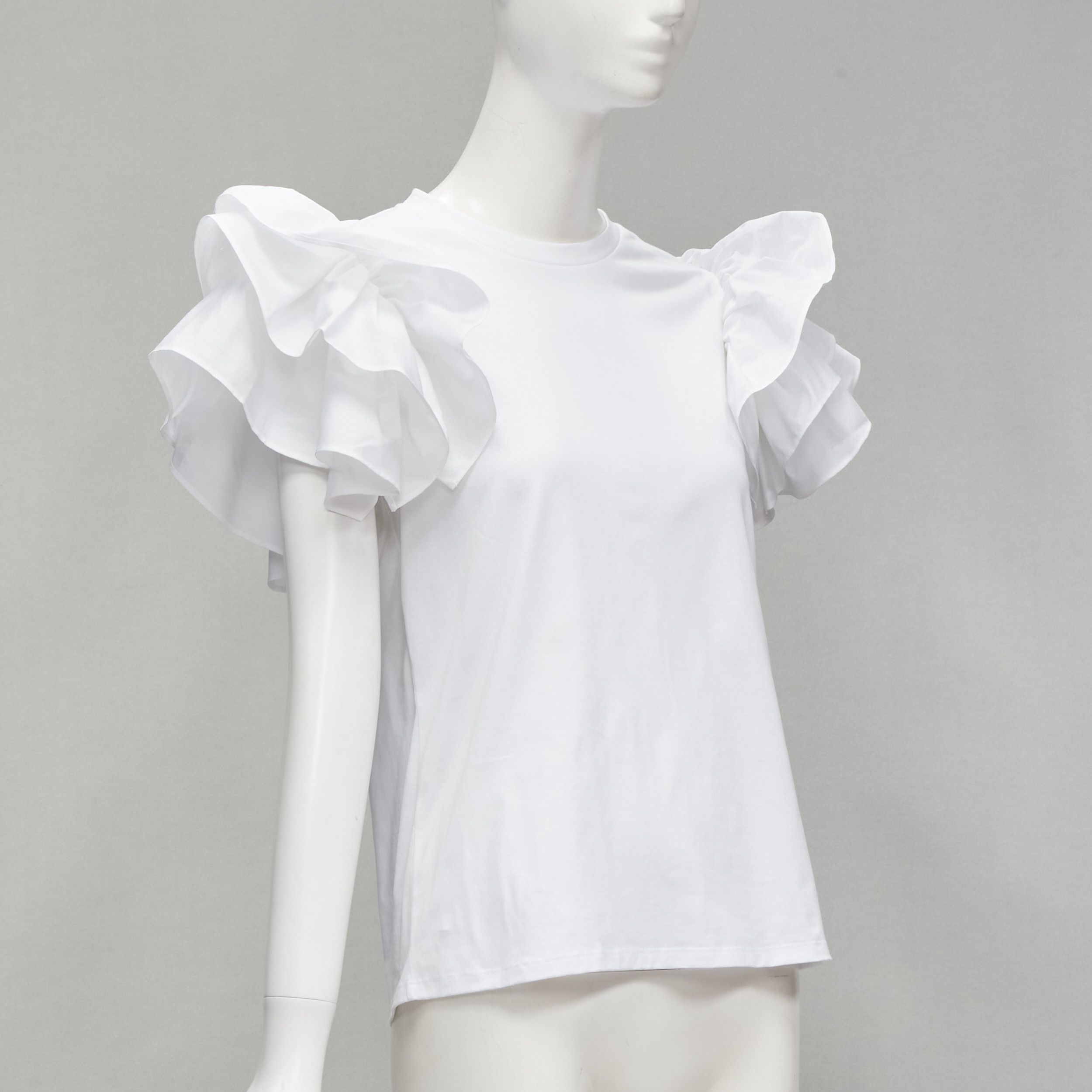 Alexander McQueen ALEXANDER MCQUEEN white cotton ruffle sleeve crew neck tshirt IT38 XS Size XS / US 0-2 / IT 36-38 - 3 Thumbnail