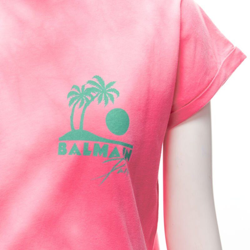 Balmain BALMAIN green palm tree logo pink tie dye crew neck cap sleeves tshirt top XXS Size XS / US 0-2 / IT 36-38 - 2 Thumbnail