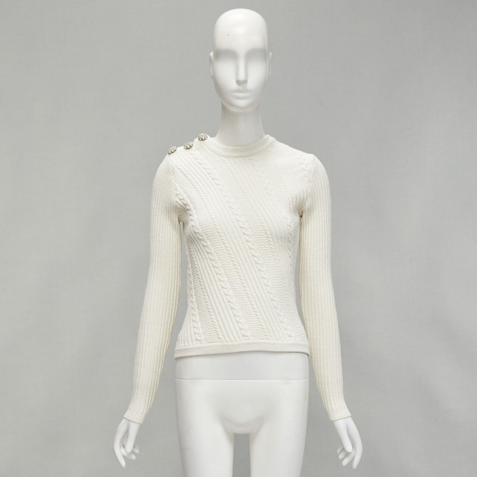 Ganni GANNI ivory crystal button textured knit cotton blend sweater top XS Size S / US 4 / IT 40 - 11 Thumbnail
