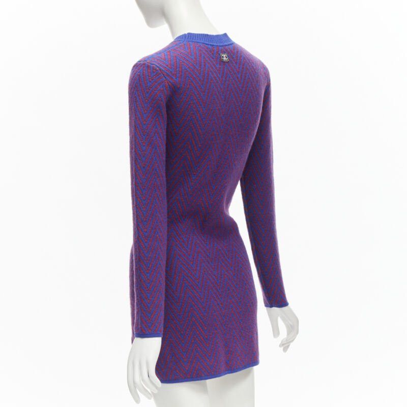 Chanel CHANEL 100% cashmere blue red chevron green CC logo crystal brooch dress FR34 XS Size XS / US 0-2 / IT 36-38 - 6 Thumbnail