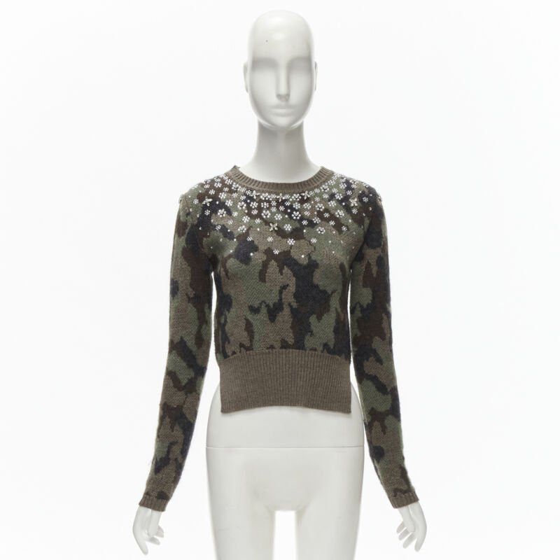 Giambattista Valli GIAMBATTISTA VALLI 2021 green camo crystal embellished cropped sweater IT38 XS Size XS / US 0-2 / IT 36-38 - 10 Thumbnail