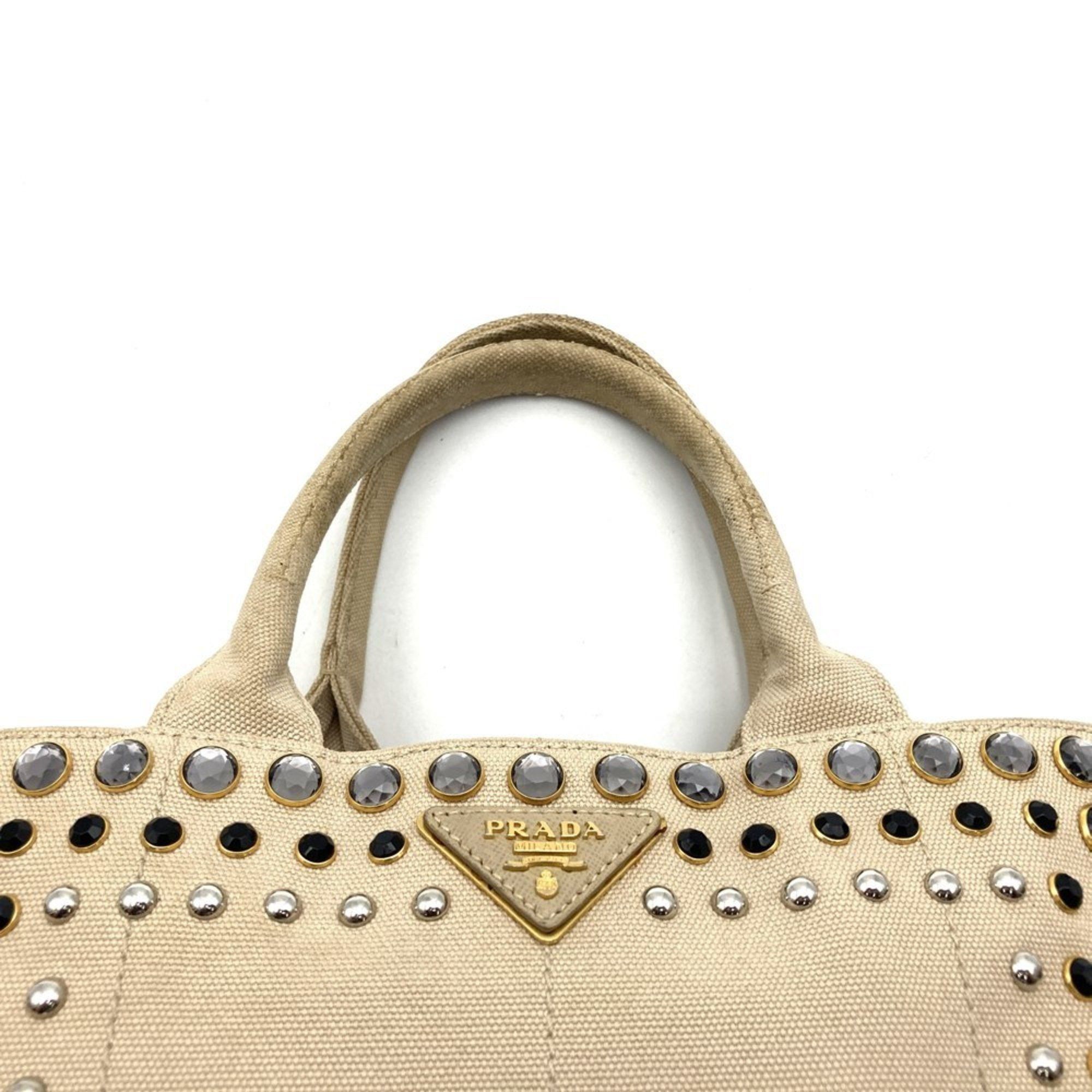 Prada Prada Canapa Beaded Tote Bag, Handbag, Studded Canvas, Beige, Ivory, Women's Size ONE SIZE - 6 Thumbnail