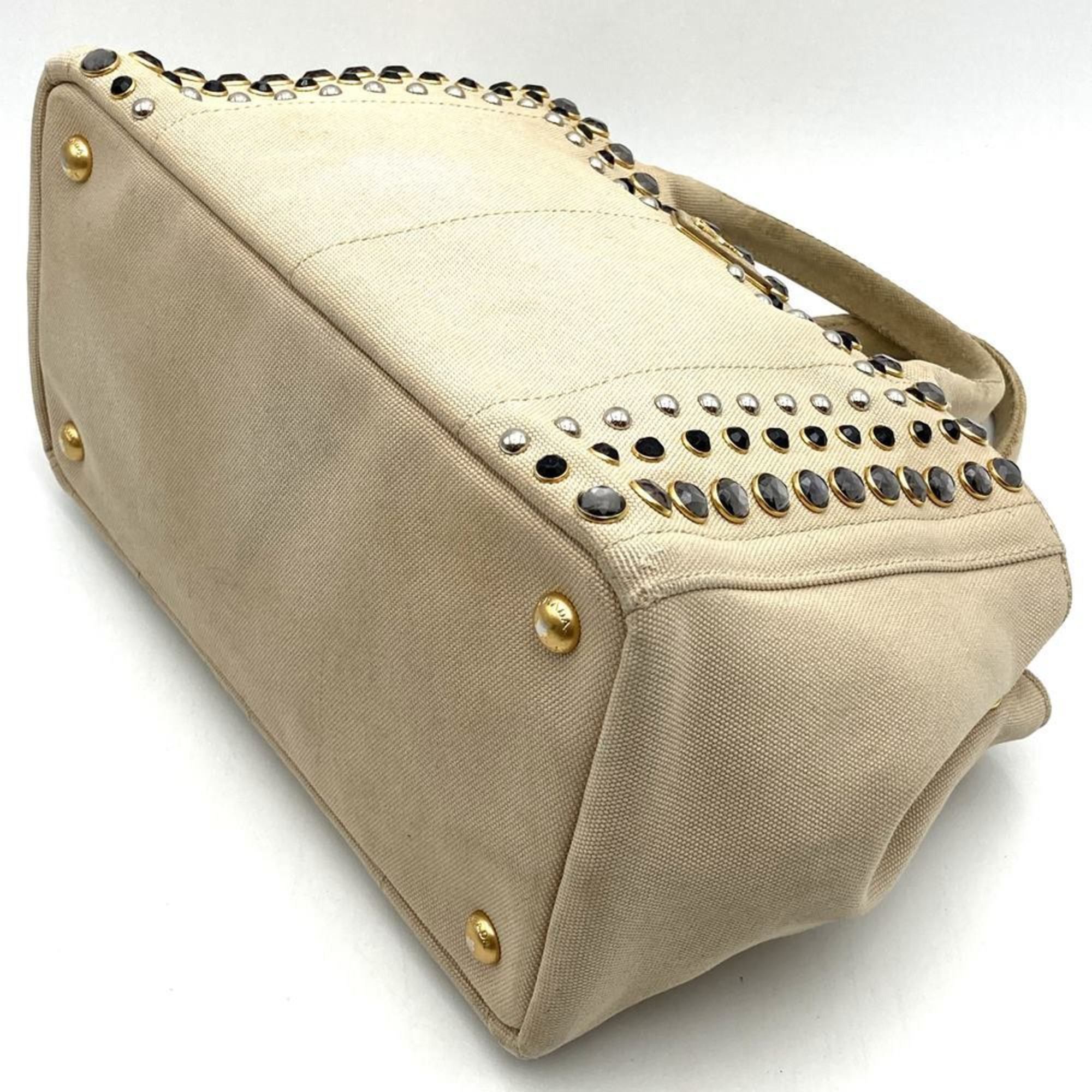 Prada Prada Canapa Beaded Tote Bag, Handbag, Studded Canvas, Beige, Ivory, Women's Size ONE SIZE - 4 Thumbnail