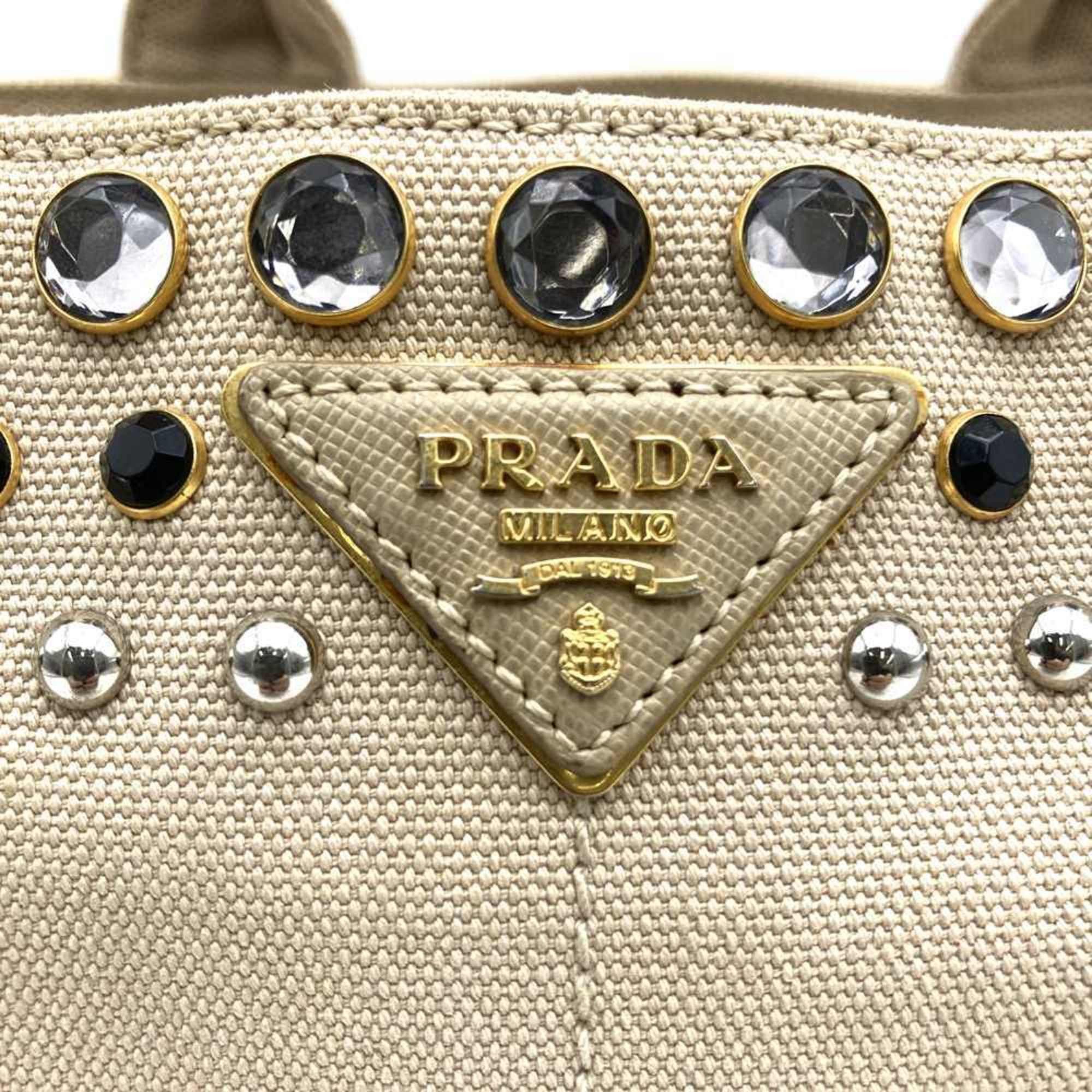 Prada Prada Canapa Beaded Tote Bag, Handbag, Studded Canvas, Beige, Ivory, Women's Size ONE SIZE - 2 Thumbnail