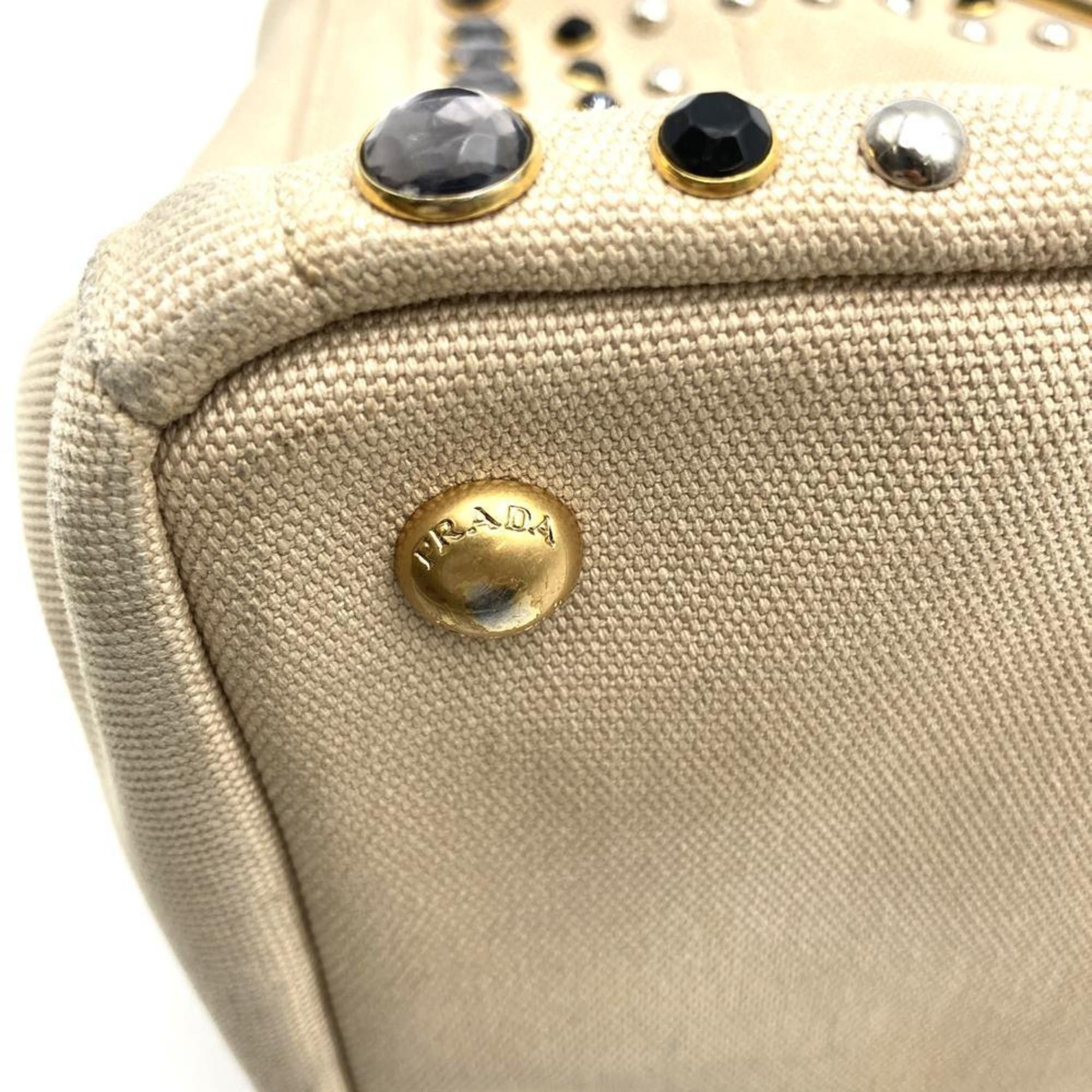 Prada Prada Canapa Beaded Tote Bag, Handbag, Studded Canvas, Beige, Ivory, Women's Size ONE SIZE - 12 Thumbnail