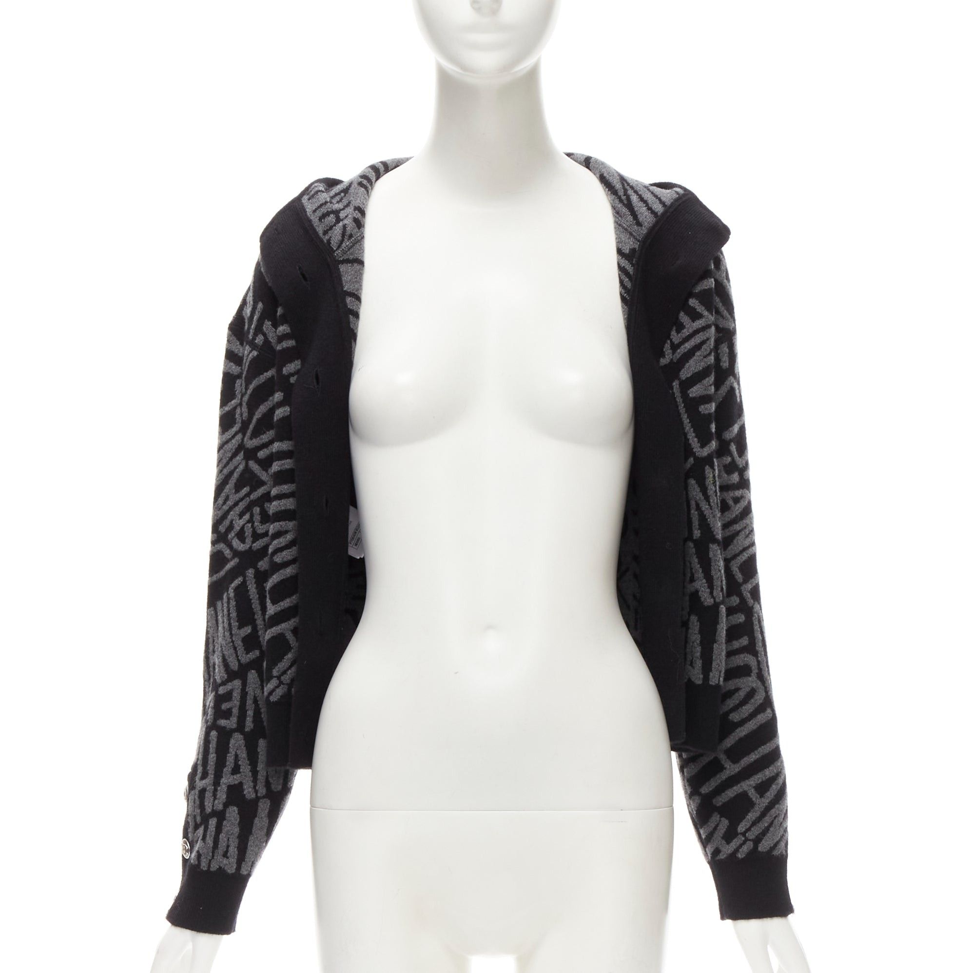 Chanel CHANEL 2021 98% cashmere black grey all over logo intarsia CC cardigan FR36 S Size S / US 4 / IT 40 - 3 Thumbnail