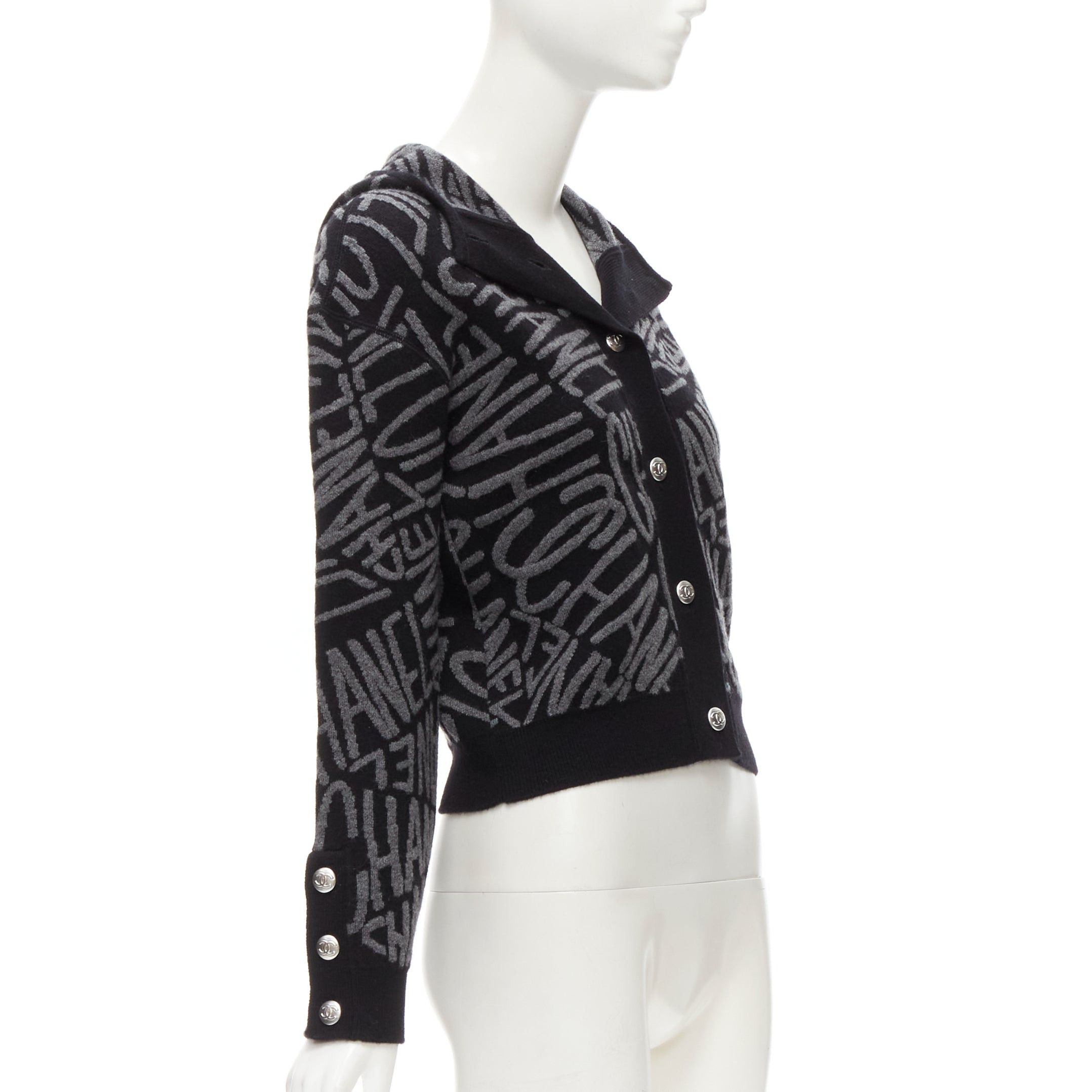 Chanel CHANEL 2021 98% cashmere black grey all over logo intarsia CC cardigan FR36 S Size S / US 4 / IT 40 - 4 Thumbnail