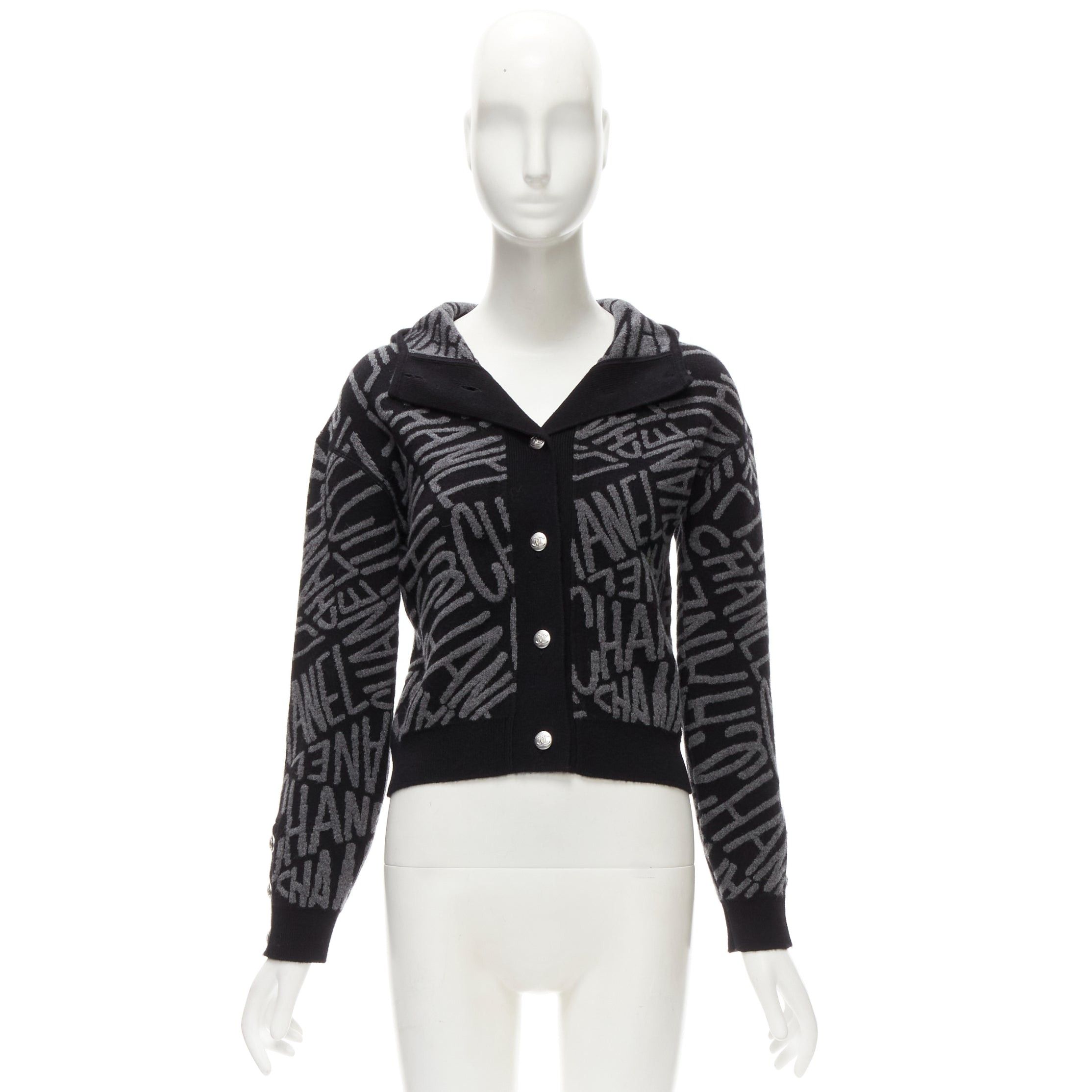 Chanel CHANEL 2021 98% cashmere black grey all over logo intarsia CC cardigan FR36 S Size S / US 4 / IT 40 - 12 Thumbnail