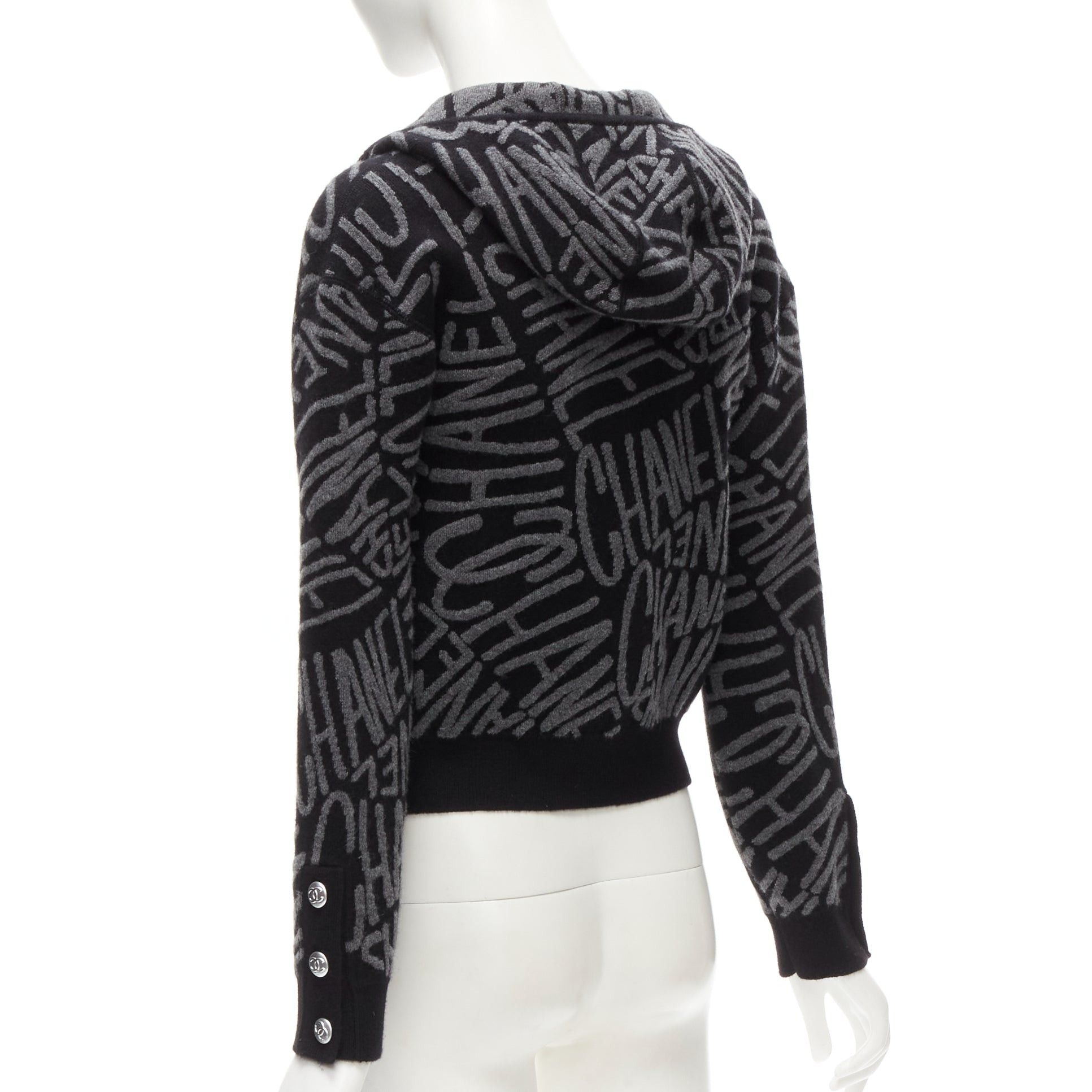 Chanel CHANEL 2021 98% cashmere black grey all over logo intarsia CC cardigan FR36 S Size S / US 4 / IT 40 - 7 Thumbnail