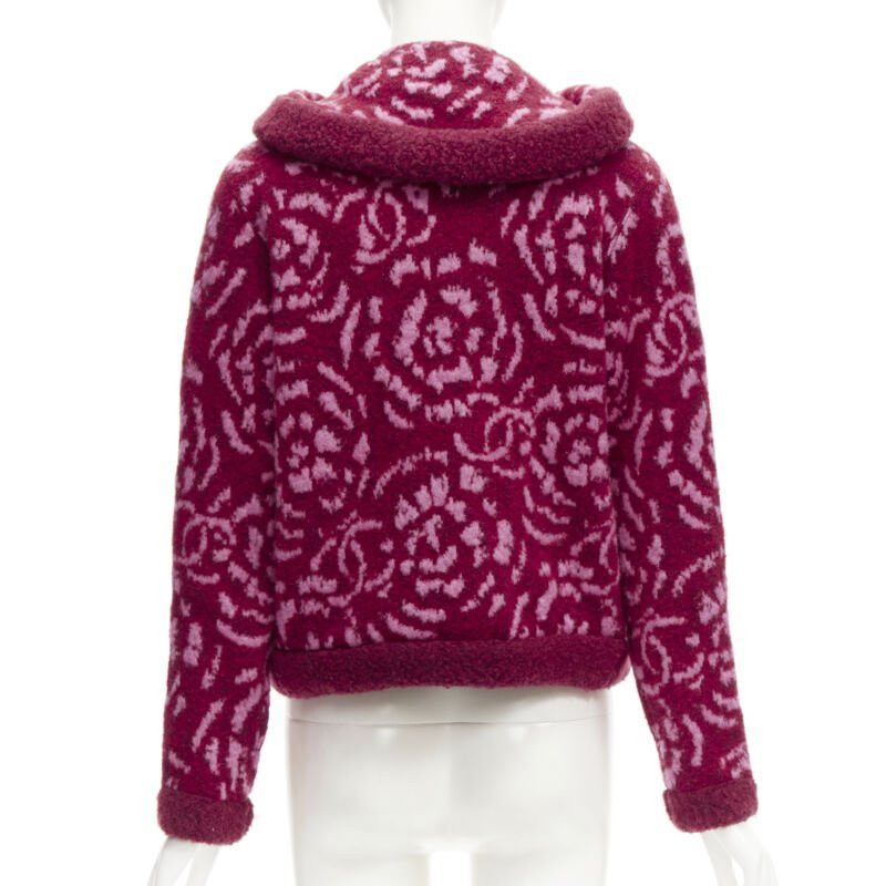 Chanel rare CHANEL red pink Camellia CC wool fluffy boucle trim cardigan jacket FR34 XS Size XS / US 0-2 / IT 36-38 - 6 Thumbnail