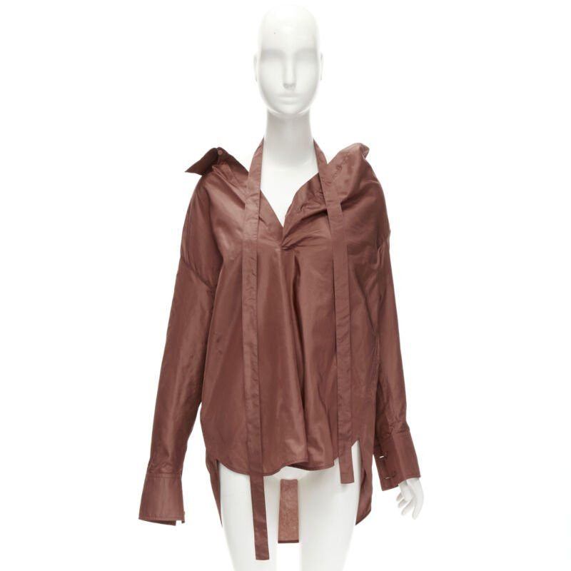 Valentino VALENTINO 2022 Runway brown silk taffeta wide collar neck tie shirt IT38 XS Size XS / US 0-2 / IT 36-38 - 11 Thumbnail