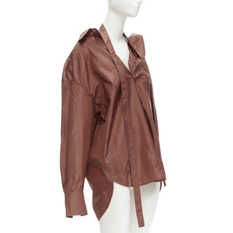 Valentino VALENTINO 2022 Runway brown silk taffeta wide collar neck tie shirt IT38 XS Size XS / US 0-2 / IT 36-38 - 3 Thumbnail