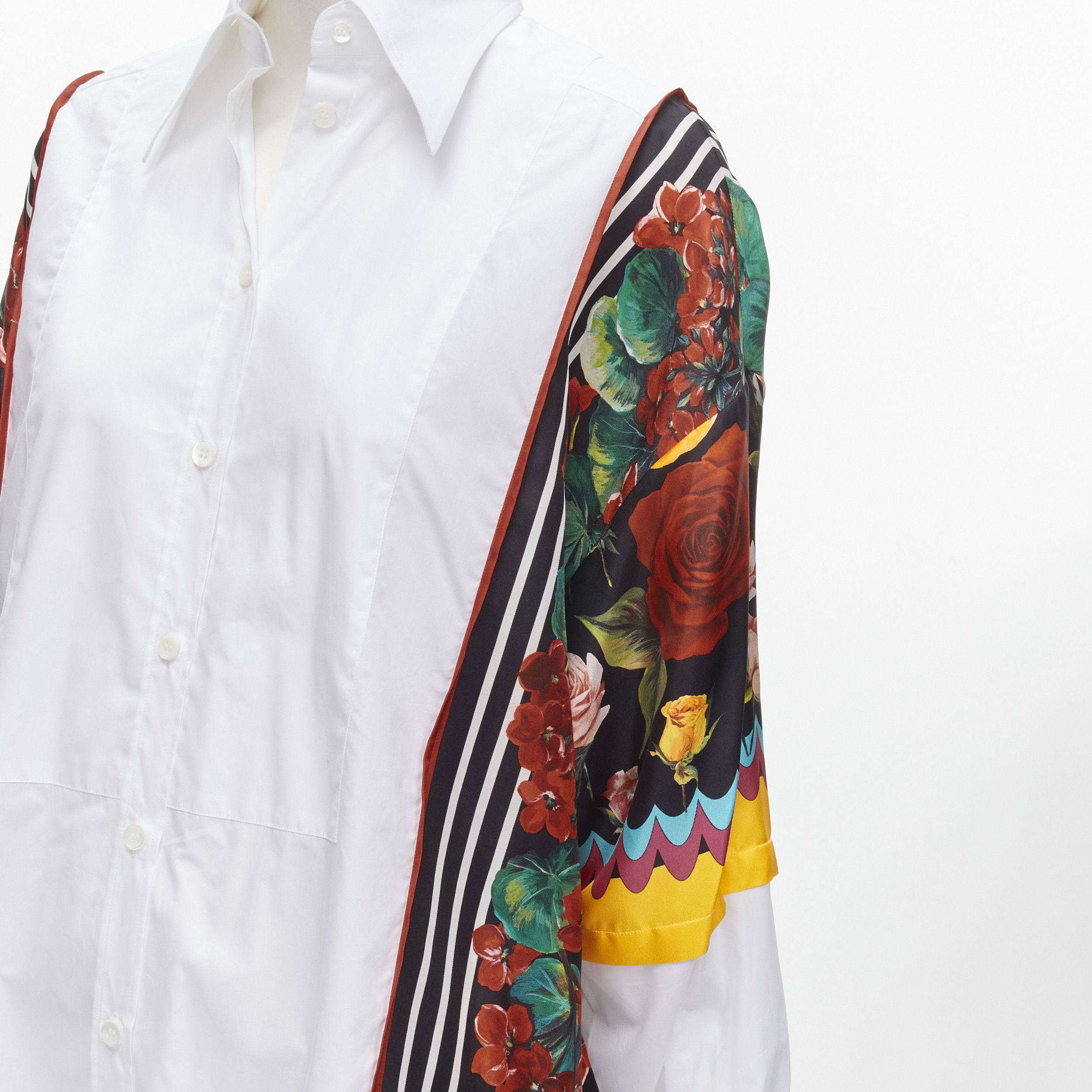 Dolce & Gabbana DOLCE GABBANA red yellow floral scarf silk insert white high low shirt IT38 XS Size XS / US 0-2 / IT 36-38 - 2 Thumbnail