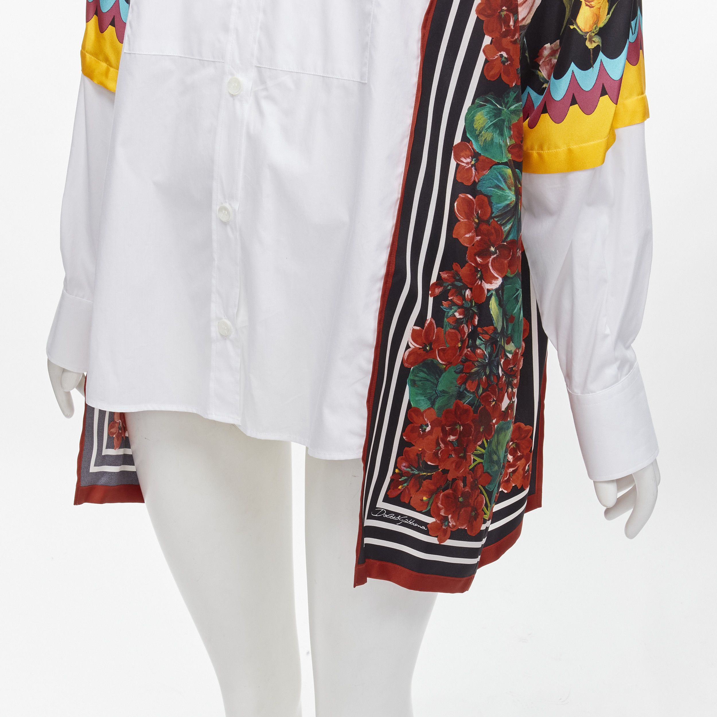 Dolce & Gabbana DOLCE GABBANA red yellow floral scarf silk insert white high low shirt IT38 XS Size XS / US 0-2 / IT 36-38 - 7 Thumbnail