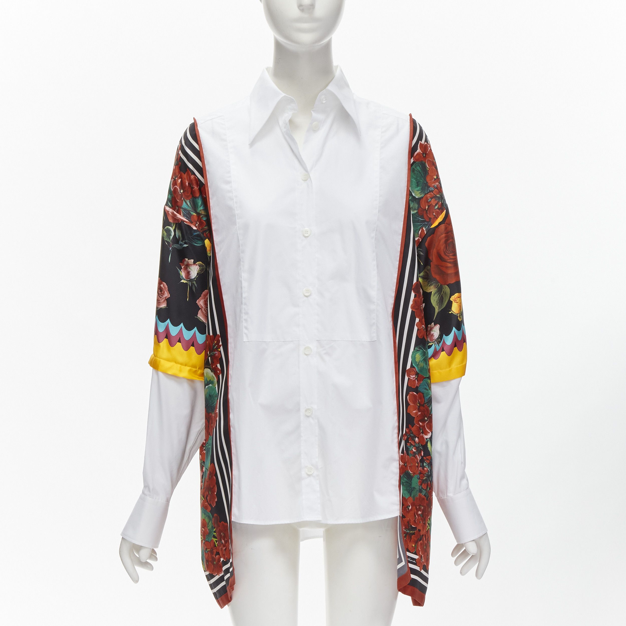 Dolce & Gabbana DOLCE GABBANA red yellow floral scarf silk insert white high low shirt IT38 XS Size XS / US 0-2 / IT 36-38 - 3 Thumbnail