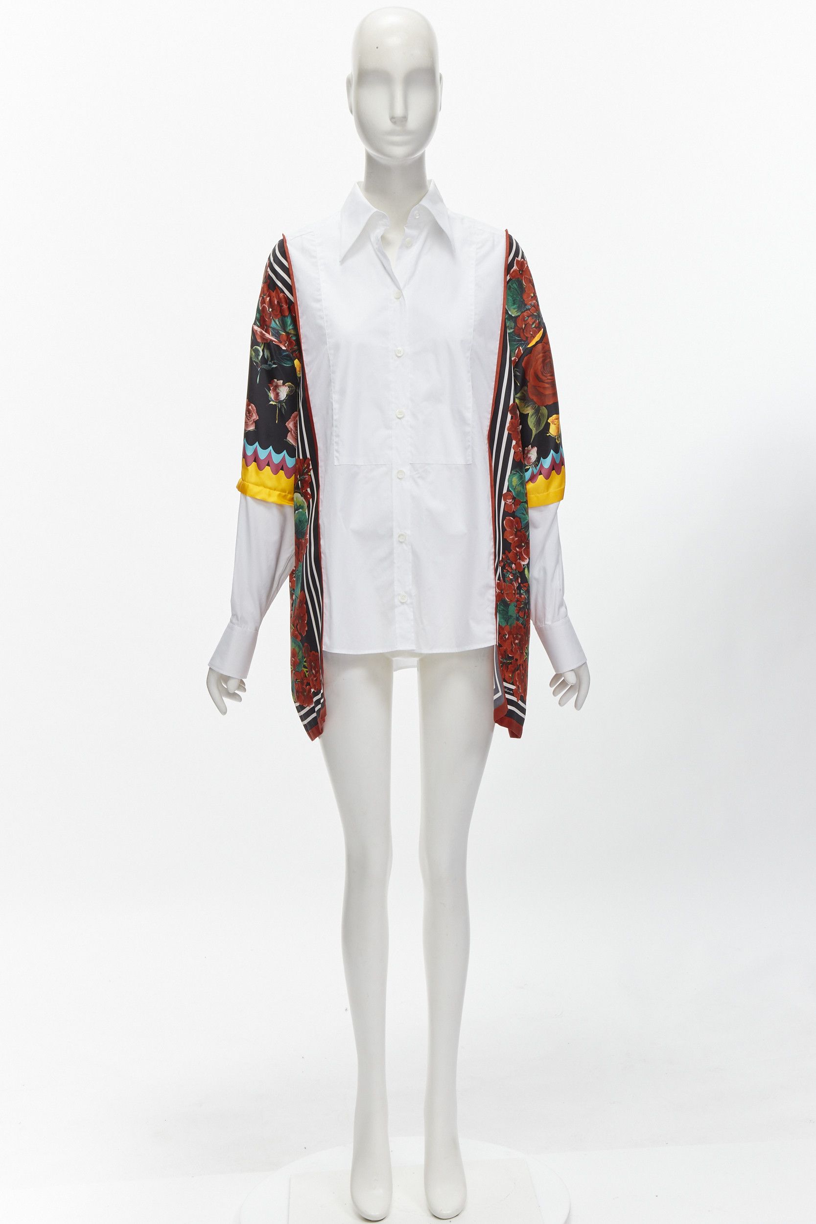 Dolce & Gabbana DOLCE GABBANA red yellow floral scarf silk insert white high low shirt IT38 XS Size XS / US 0-2 / IT 36-38 - 10 Thumbnail