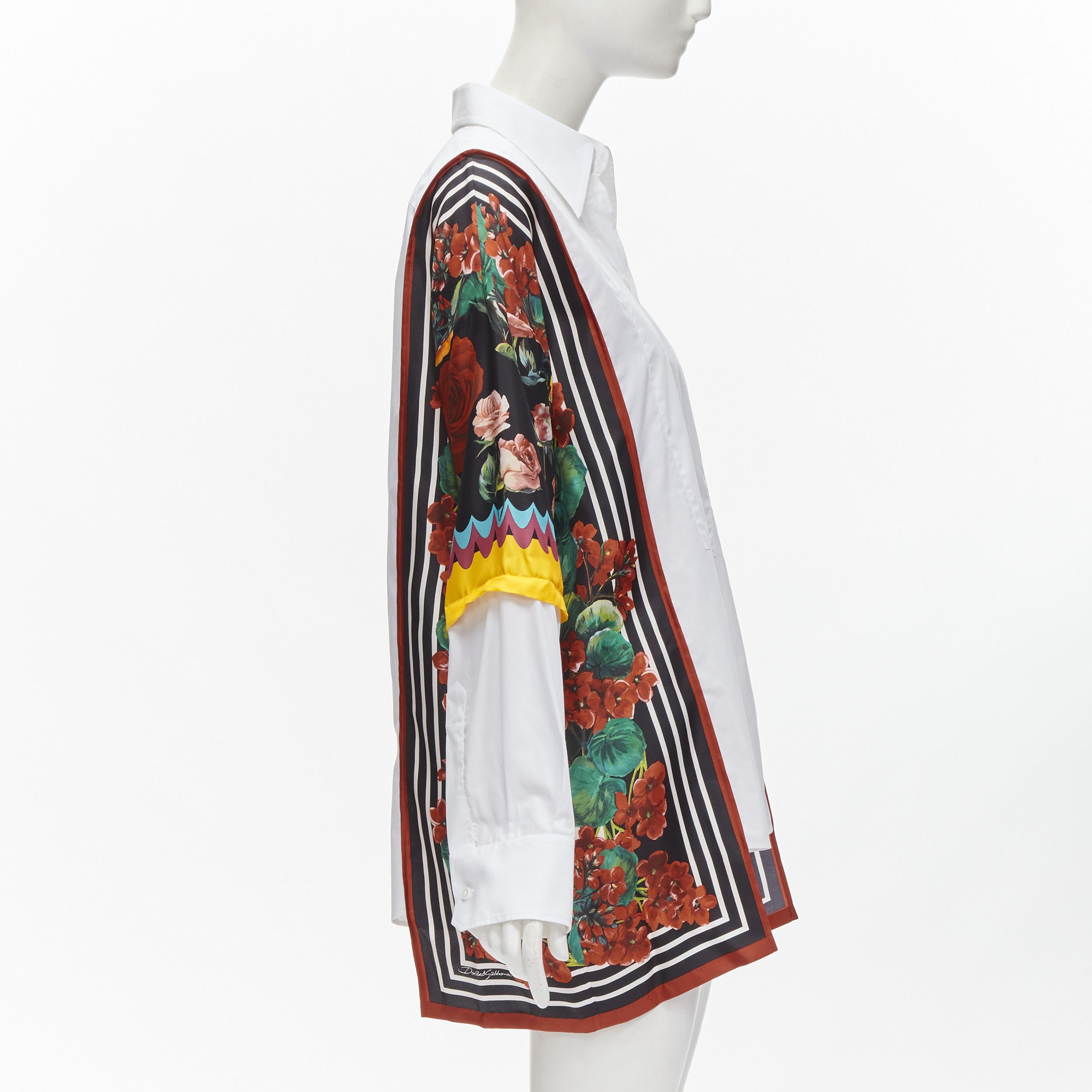 Dolce & Gabbana DOLCE GABBANA red yellow floral scarf silk insert white high low shirt IT38 XS Size XS / US 0-2 / IT 36-38 - 4 Thumbnail