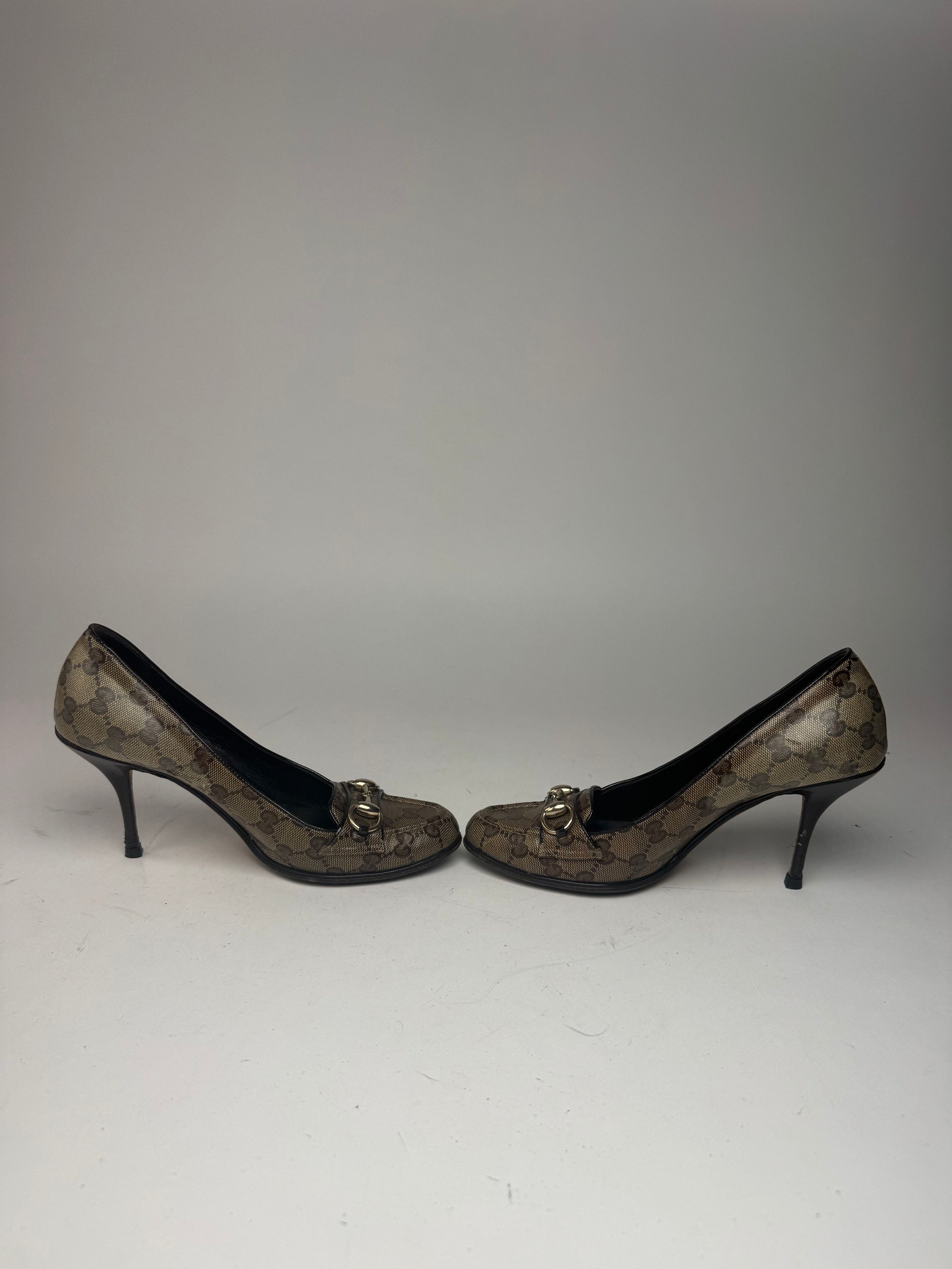 Gucci Vintage Horsebit Monogram Leather Pumps Beige Brown 37 Size US 6 / IT 36 - 6 Thumbnail