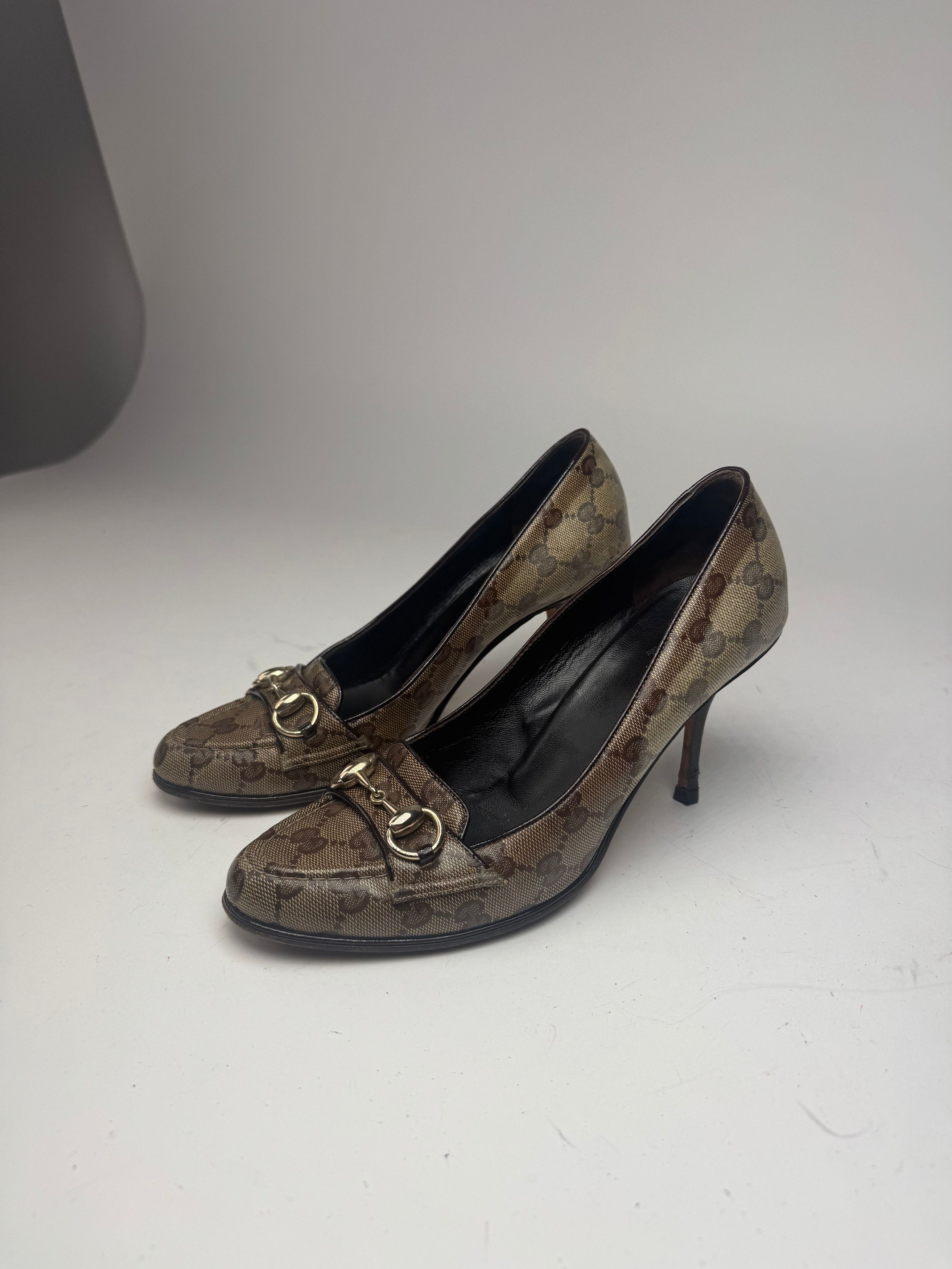 Gucci Vintage Horsebit Monogram Leather Pumps Beige Brown 37 Size US 6 / IT 36 - 2 Thumbnail