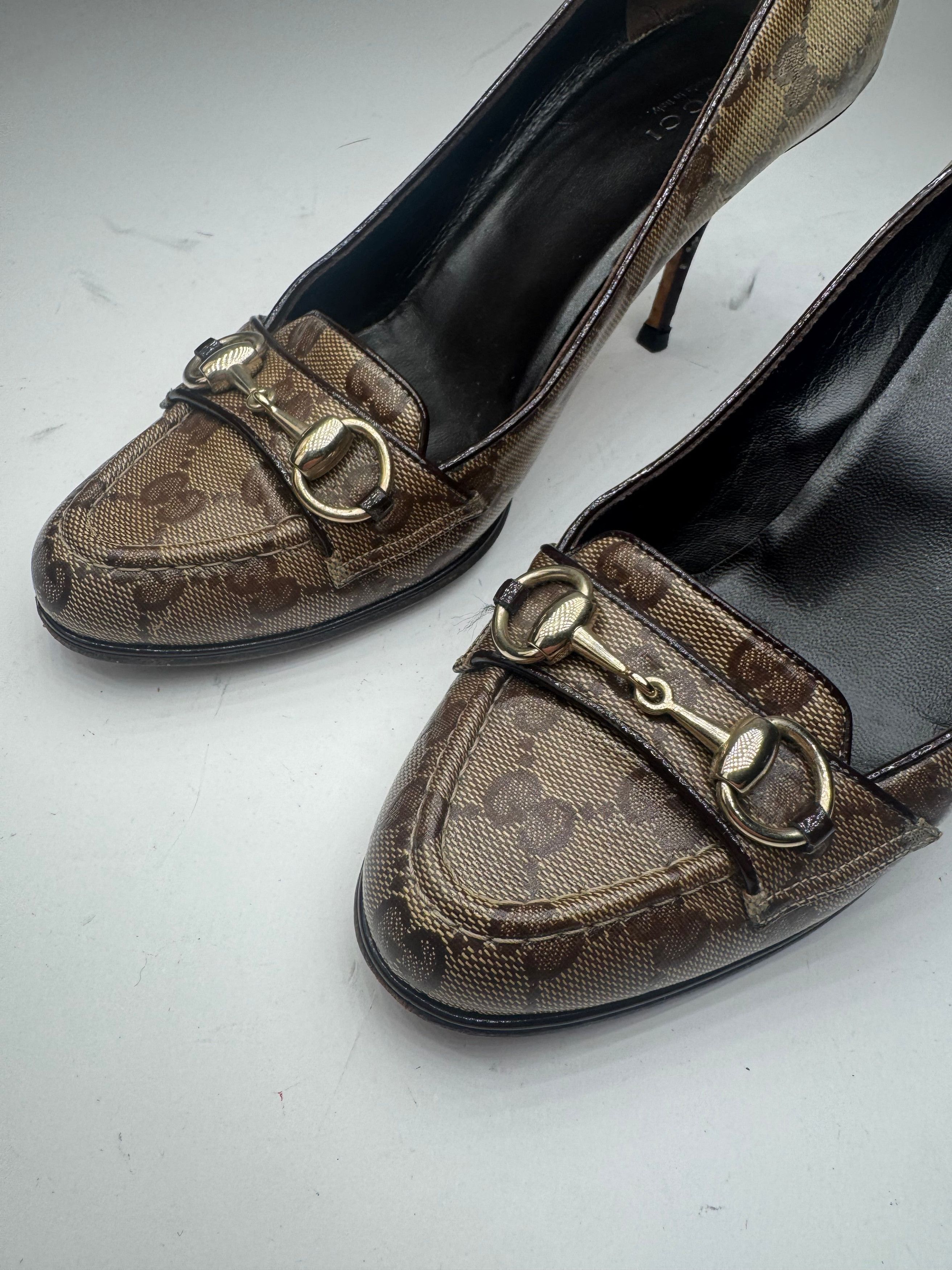 Gucci Vintage Horsebit Monogram Leather Pumps Beige Brown 37 Size US 6 / IT 36 - 10 Thumbnail