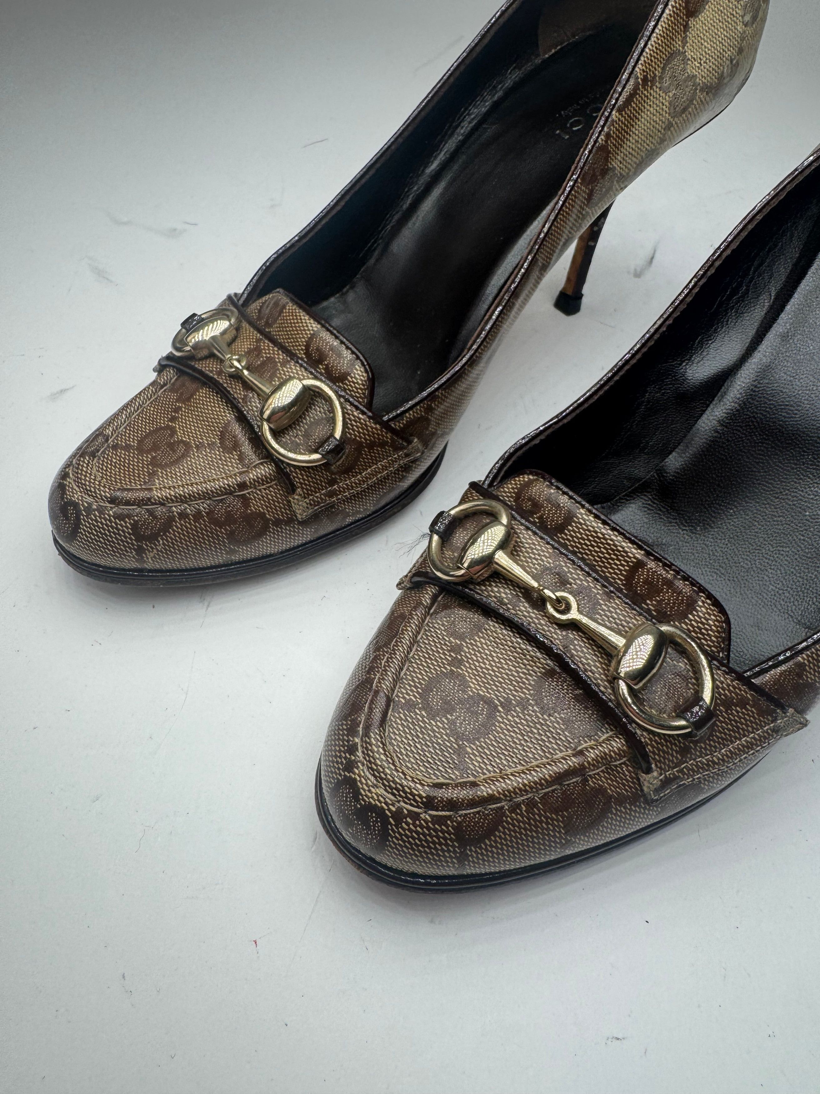 Gucci Vintage Horsebit Monogram Leather Pumps Beige Brown 37 Size US 6 / IT 36 - 7 Thumbnail