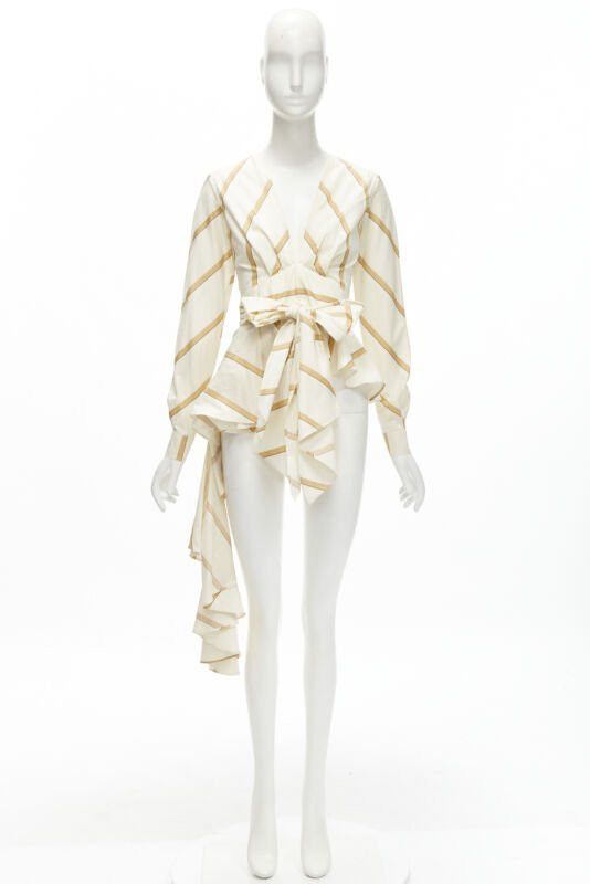 Johanna Ortiz JOHANNA ORTIZ Party Wave beige brown striped cotton tie belt blouse US0 XS Size XS / US 0-2 / IT 36-38 - 10 Thumbnail