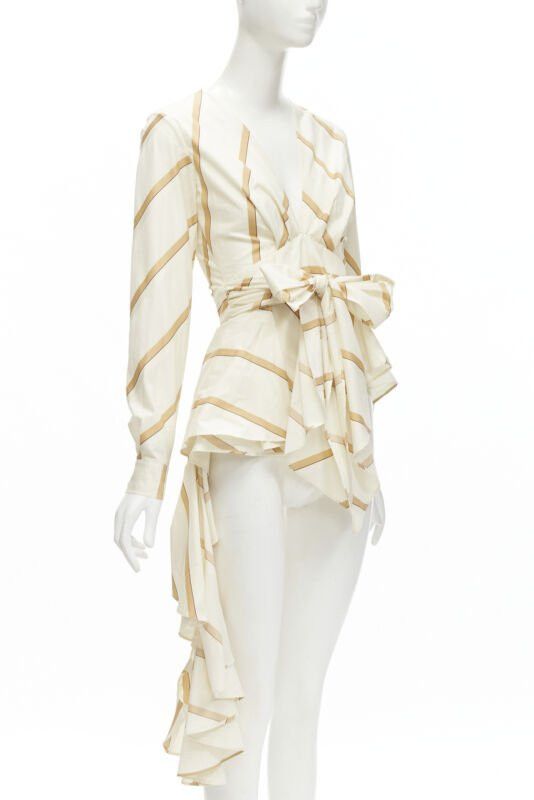Johanna Ortiz JOHANNA ORTIZ Party Wave beige brown striped cotton tie belt blouse US0 XS Size XS / US 0-2 / IT 36-38 - 3 Thumbnail