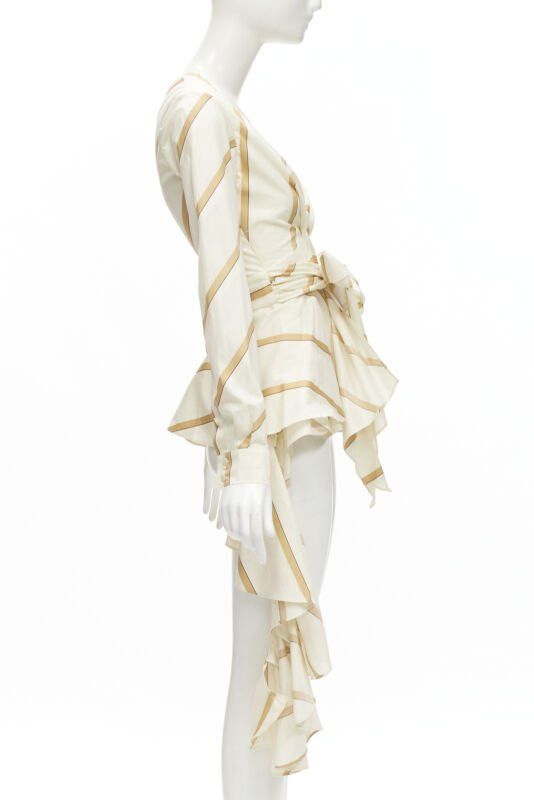Johanna Ortiz JOHANNA ORTIZ Party Wave beige brown striped cotton tie belt blouse US0 XS Size XS / US 0-2 / IT 36-38 - 4 Thumbnail